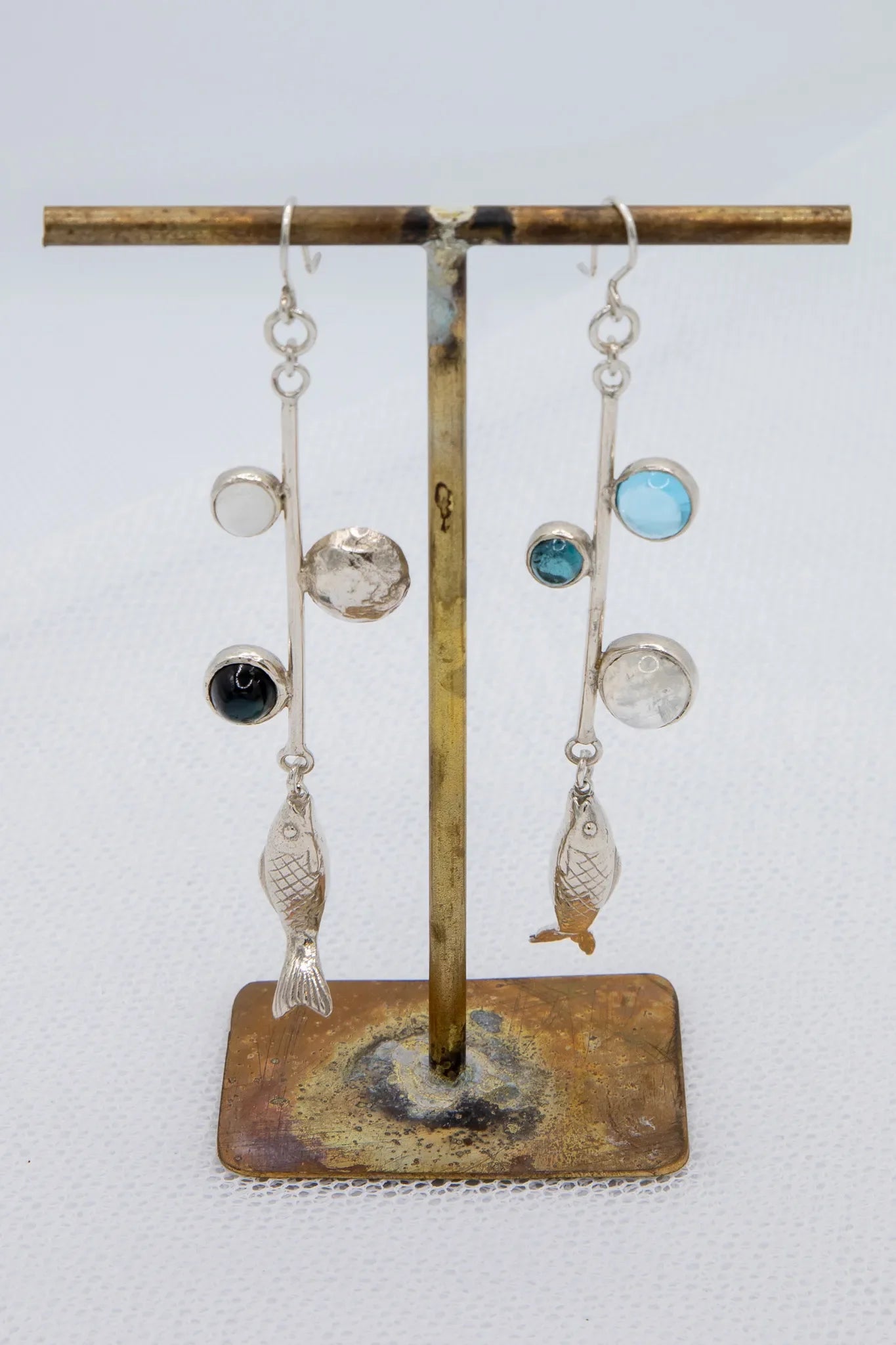Moonstone, blue tourmaline and topaz, silver fish - approximate length 9 cm