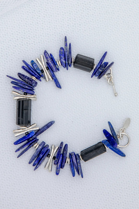 lapis lazuli uncut black tourmaline and silver necklace