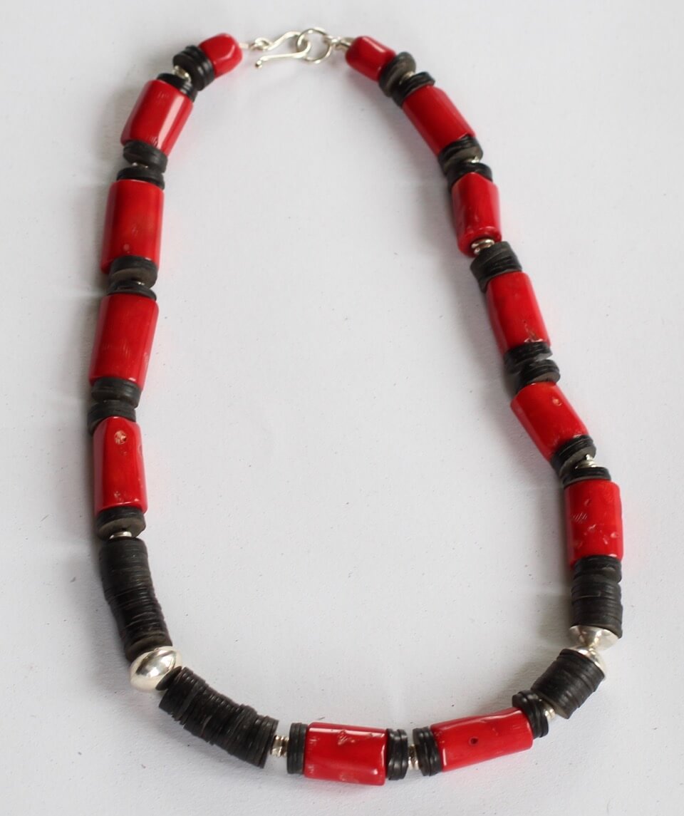 Coral and antique coconut and silver