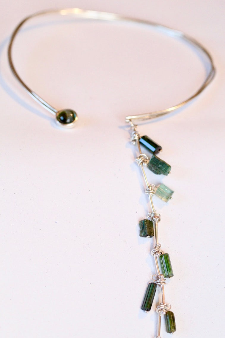 Long, Silver Uncut Natural Tourmalines in Green and Blue with a Set Blue/Green Tourmaline Cabochon