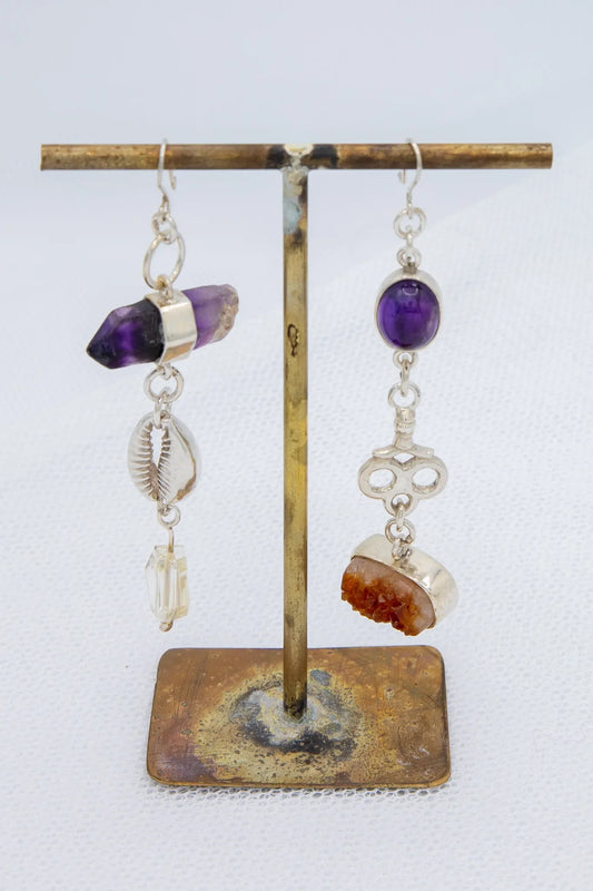 Uncut & cabachon amethyst, citrine drusy, faceted citrine and silver approximate length 8.5 cm